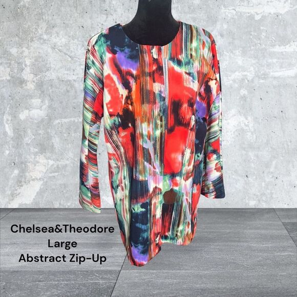Chelsea & Theodore Jackets & Blazers - Chelsea&Theodore, Size Large, Vibrant Abstract Zip-Up Jacket. A4